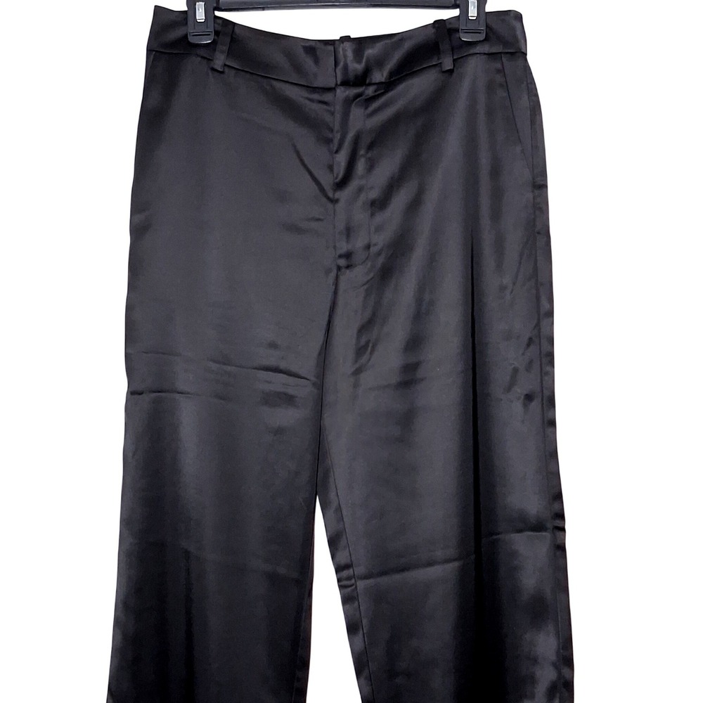 NEW Carbon38 Womens Black Satin Pants M Straight Leg High Rise Trousers Tailored - Picture 6 of 16